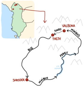 Mappa del tour di tre giorni Koman Valbona Theth Alpi Albanesi