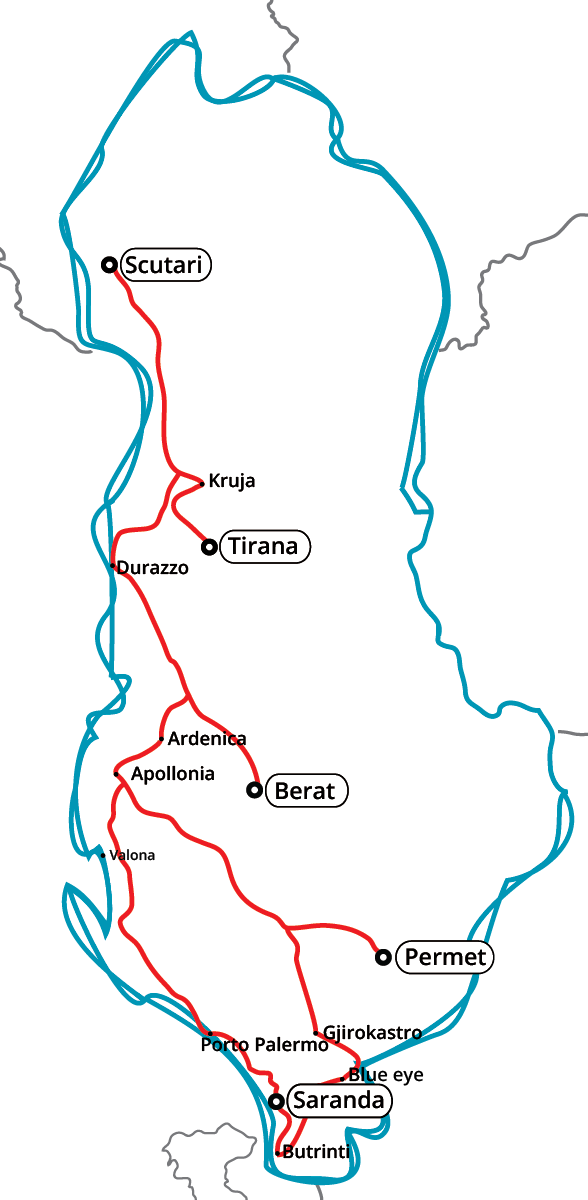 Mappa dell'Itinerario del tour dell'Albania Classica